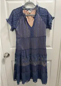 Sundance Sweep Of Lace Dress Blue Lined Small Short Sleeve Boho Modest