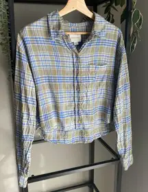 American Eagle Linen Blend Plaid Crop Button Down Shirt