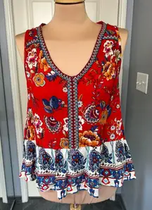 Patrons‎ of Peace Red Floral Embroidered Crinkle Tank Top Festival Boho