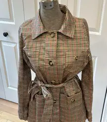 Cabi Sherlock #3734 brown and red houndstooth belted Trench Coat
