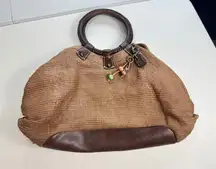Fossil Brown Woven Circle Handle Satchel Bag Charm‎ Floral Interior