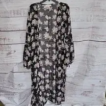 Band of Gypsies Black Floral Bell Sleeve Sheer Duster Kimono Cardigan Size Large