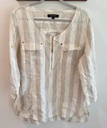 Ellen Tracy 100% Linen Neutral Striped Tunic Top Large