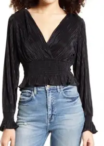 Leith Black Smocked V-Neck Blouse size S