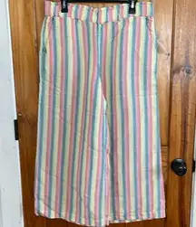 Loft Petites Rainbow Stripe Linen Blend Cropped Wide Leg Pull On Pants Large LP