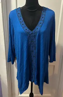 Adrianna Papell Blue Long Sleeve Top with Black Embroidery Detail in 2X