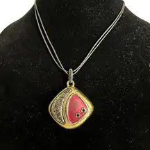 Chico's  Enamel Pendant 1990s Necklace Fuchsia Goldtone Leather Strap 18 inches