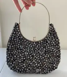 NWOT black silver butterfly floral beaded lined snap‎ small hand bag purse