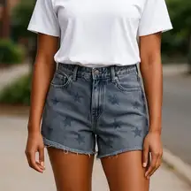 Umgee Womens‎ Star Print Denim Frayed Hem High Rise Shorts 5 Inch Inseam Size 3