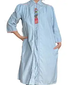 Vintage Chambray Denim Christmas Nightshirt Embroidered Teddy Bear Gifts Striped