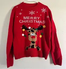 Merry Christmas Red Reindeer Googly Eyes Crewneck Sweater Holiday Ugly Christmas
