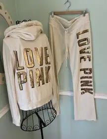 Victoria's Secret  PINK Med Ivory RARE Velour Jogger Suit Bling Gold Sherpa