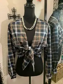 Cute Plaid Longsleeve Tie Under Bust Top