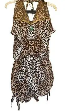 Camilla Vintage Tie Front Sides Playsuit Leopard Animal Print Silk Small Romper