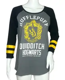 Harry Potter Women’s Hugglepuff Raglan Tee‎ Gray White Quidditch Hogwarts Size M