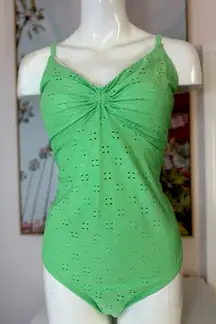 Time and Tru Green Eyelet Textured V-Neck One Piece Swimsuit Sz 1X XL Full Cover