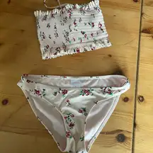 Xhilaration Pink Strapless Smocked Lace Up Floral Bikini Built in Bra sz Small