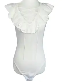 New  Lace Up Ruffle Sleeveless Knit Bodysuit White