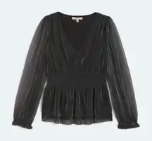 Le Serein Calais Smocked Mesh Long Sleeve Top Shirt Blouse Metallic Small NWT