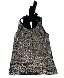 MNG Collection S / M Silver Sequin Sheer Black Bow Tie Back Tank Top Sparkle