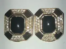 Christian Dior  Vintage Gold Tone CZ Rhinestone & Black Classic Clip On Earrings