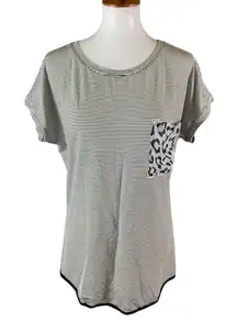 Fresh Karma Striped Tee Leopard Pocket Contrast Hem Casual Stretchy Large
