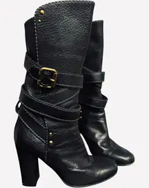Chloe Black Pebbled Leather Paddington Wrap Straps‎ Buckle Heeled Boots 36.5 6.5