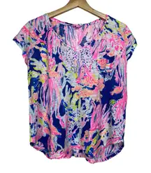 Lilly‎ Pulitzer 100% Linen Top Size S Blue Pink Short Sleeve V-Neck Colorful