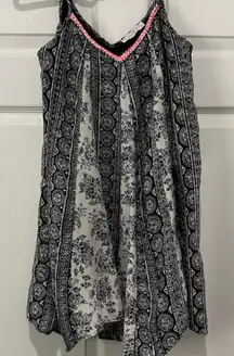 Entro Black White Print‎ Sleeveless Dress Pink Trim Boho Summer