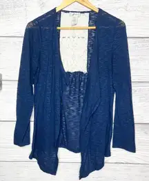 Boho Blue & White Sheer Lace Panel Back Open Front Cardigan Sweater Size Large