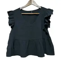 Black Ruffle Sleeve Peplum V Neck Top Women's Size M