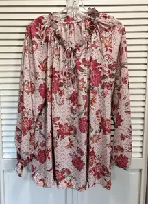 Pink/Red Floral Chiffon Long Balloon Sleeve Blouse Size 2XL Ruffle/Tie Neck Boho