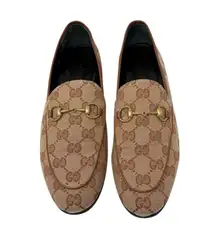 Gucci Jordaan Horsebit GG Supreme Monogram Canvas Leather Trim Loafers Size 37