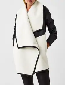 Spanx Fleece Faux Leather Long Wrap Jacket Very Black Snow Moto Sherpa Edgy Coat