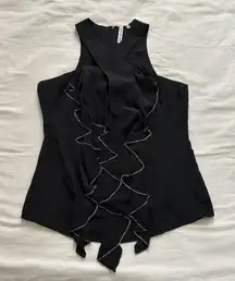 Silk Black ruffle front cross detail top with silver chain details Size large