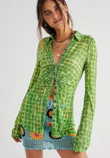 Free People Lucky Shirtee Green Window Pane Long Sleeve Button Up Shirt Top Sz M
