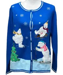 Holiday Polar Bear Ugly Christmas Sweater Blue Silver Metallic Trim Sz‎ L Skate