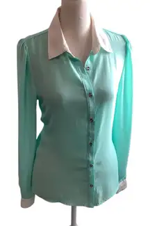 Forever 21 Mint & White Button Down Long Sleeve Collared Top Size S