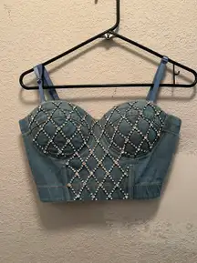 Say What Denim corset bustier cup crystal front cropped top zip sexy Size S