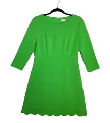 Cremieux Women's Green 3/4 Sleeve Boat Neck Scalloped A-Line Dress 8‎