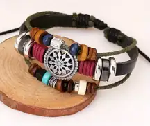 Unique Wooden Beads Wrist Cuff‎ Link Braided Leather Couple Decorative Bracelet