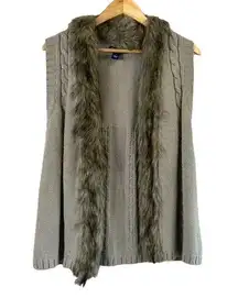 Bandolino Women's Small Vest Grey Knit Open Front Cardigan Fur Trim