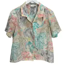 Vintage 80s 90s Shirt Blouse Womens M Pastel Elephant Print Secretary Safari