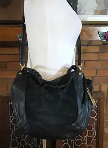 VINCE CAMUTO "LUELA" BLACK LEATHER & SUEDE BRAIDED HANDLE & DETACHABLE STRAP