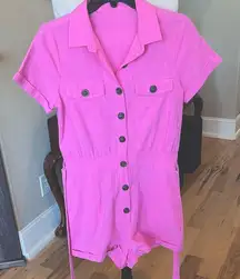 Pink Cotton Short Sleeve Button Down Romper Tie Waist New