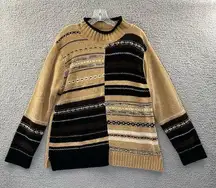 Vintage Erika Mock Neck Long Sleeve Striped Sweater Brown Tan Black Women Medium