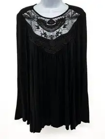 Crochet Lace Sheer Mesh Long Sleeve Swing Tunic Blouse Top Black