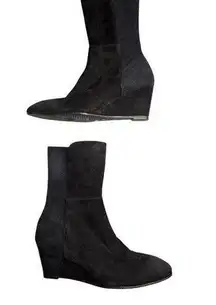 Stuart Weitzman Beatrice Black Suede Almond Toe Wedge Midi Ankle Boots Sz 7