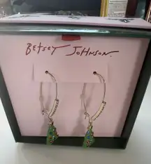 Betsey Johnson Holly Jolly Christmas Tree Hoop Earrings Rhinestone Dangles