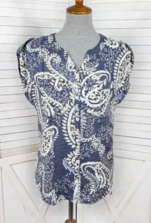 Van Heusen Paisley Cap Sleeve Button Front Shirt Blouse Blue‎ XS